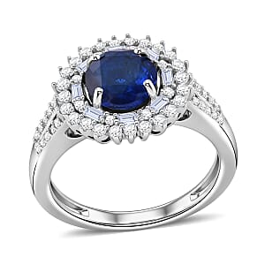 D'Joy Premium Tanzanian Blue Spinel (DF) and Moissanite 2.20 ctw Ring in Rhodium Over Sterling Silver (Size 8.0)