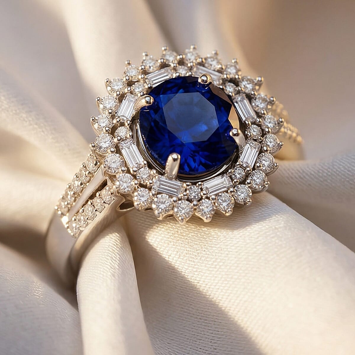 D'Joy Premium Tanzanian Blue Spinel (DF) and Moissanite 2.20 ctw Royal Midnight Halo Ring in Rhodium Over Sterling Silver (Size 8.0) image number 1
