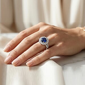 D'Joy Premium Tanzanian Blue Spinel (DF) and Moissanite 2.20 ctw Ring in Rhodium Over Sterling Silver (Size 8.0)