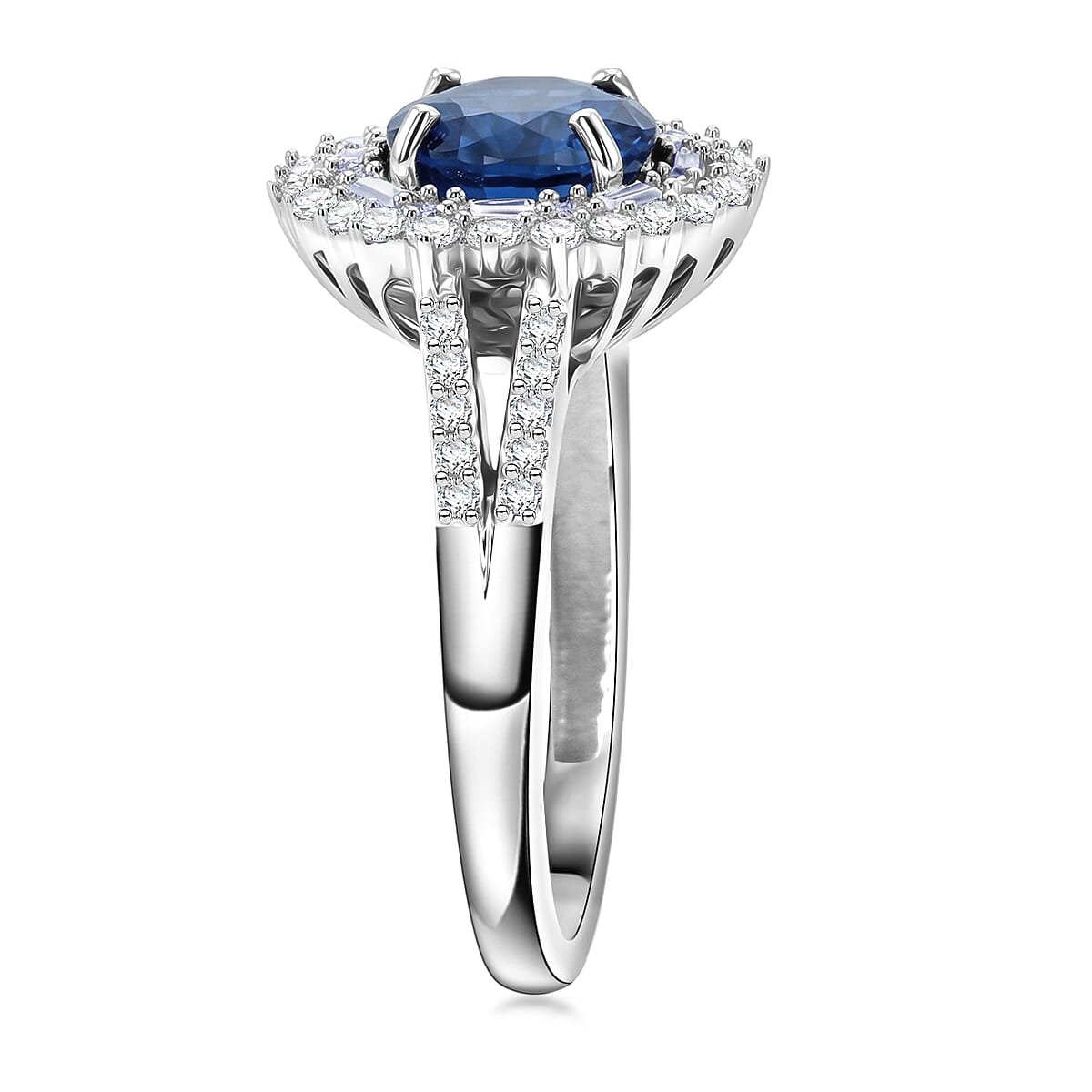 D'Joy Premium Tanzanian Blue Spinel (DF) and Moissanite 2.20 ctw Royal Midnight Halo Ring in Rhodium Over Sterling Silver (Size 9.0) image number 2