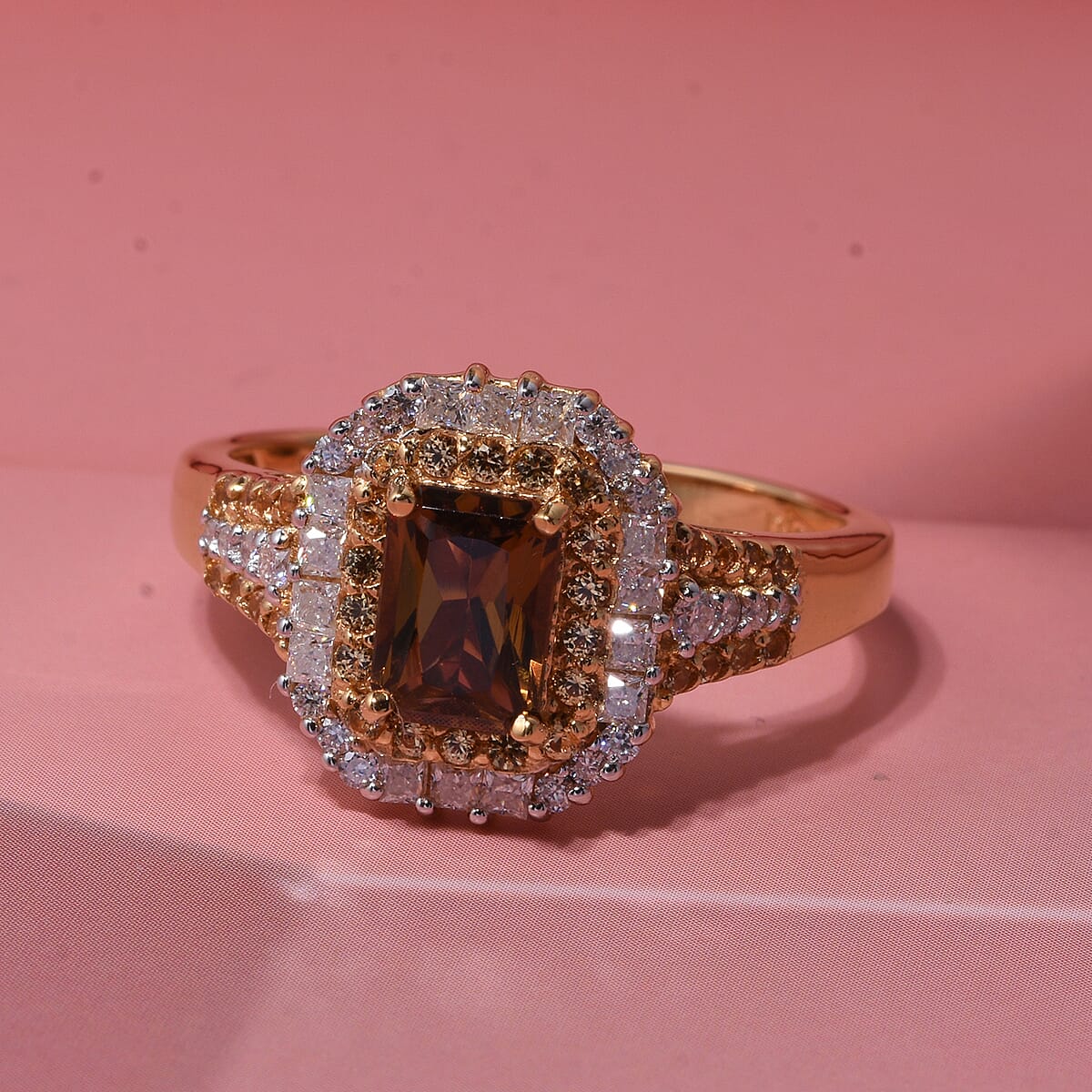 D'Joy AAA Golden Turkizite and Multi Gemstone 2.10 ctw Sunset Glow Halo Ring in 18K Vermeil Yellow Gold Over Sterling Silver (Size 6.0) image number 1