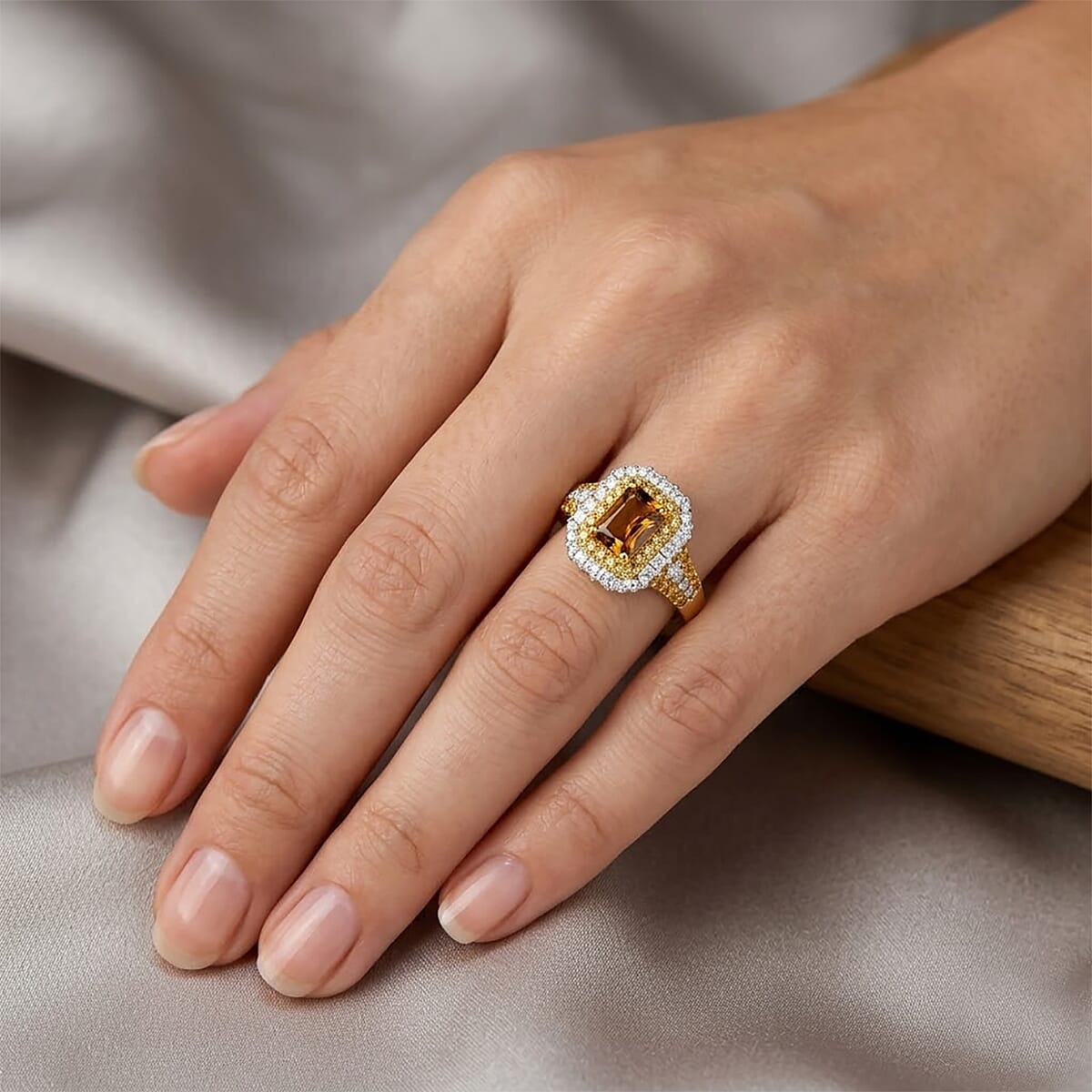 D'Joy AAA Golden Turkizite and Multi Gemstone 2.10 ctw Sunset Glow Halo Ring in 18K Vermeil Yellow Gold Over Sterling Silver (Size 6.0) image number 2