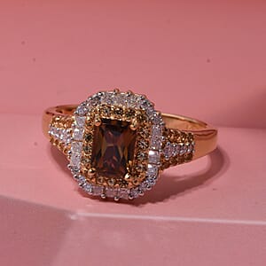 D'Joy AAA Golden Turkizite and Multi Gemstone 2.10 ctw Sunset Glow Halo Ring in 18K Vermeil Yellow Gold Over Sterling Silver (Size 7.0)