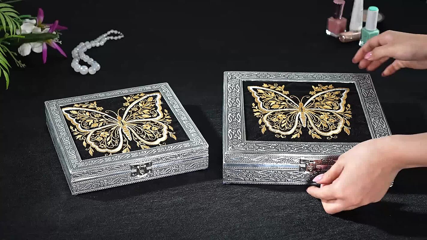 Livmore Set of 2 Silver and Golden Butterfly Embossed and Embroidery Jewelry Box