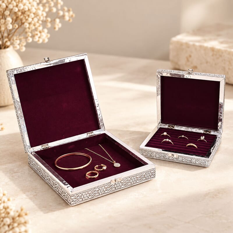 Livmore Set of 2 Silver and Golden Butterfly Embossed and Embroidery Jewelry Box