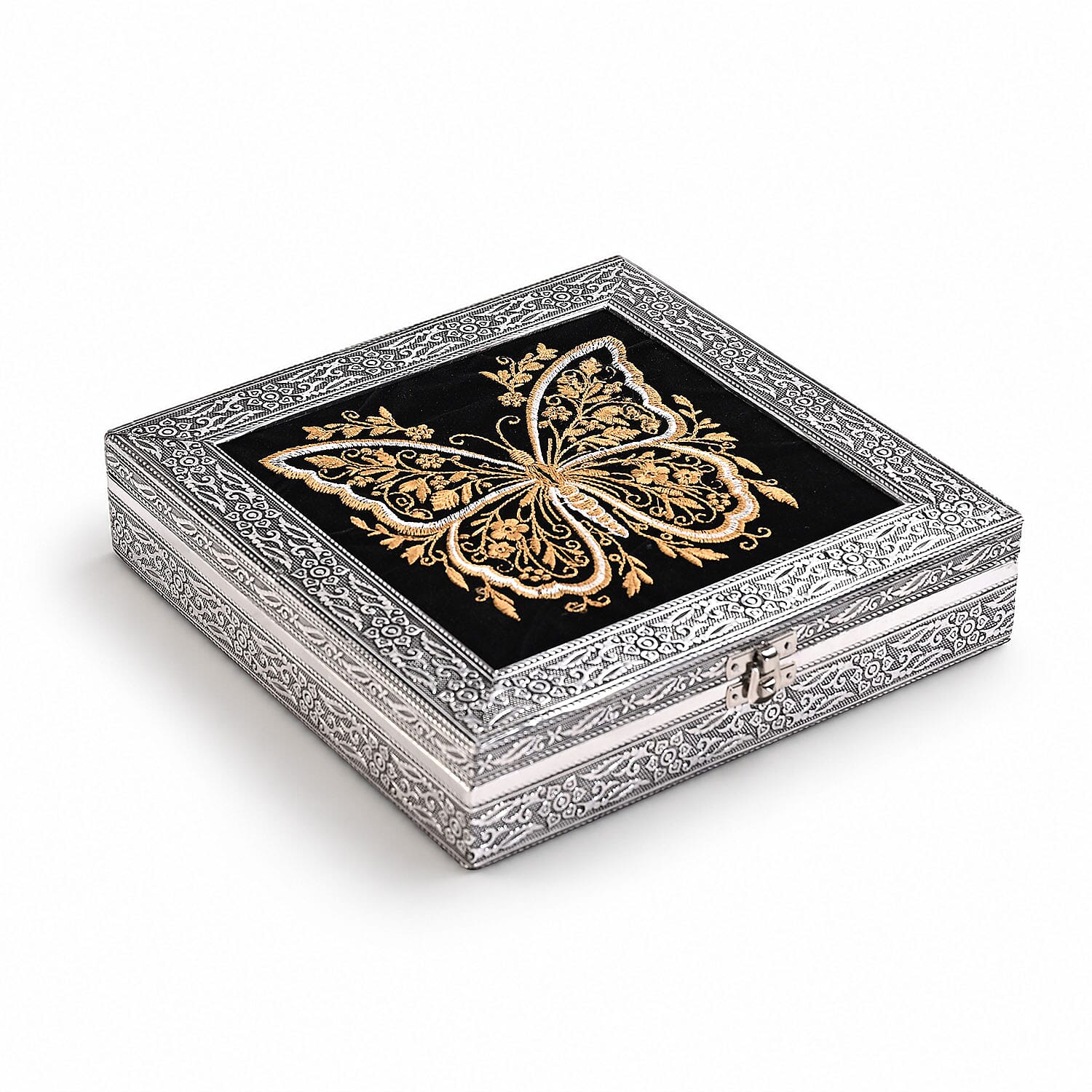 Livmore Set of 2 Silver and Golden Butterfly Embossed and Embroidery Jewelry Box