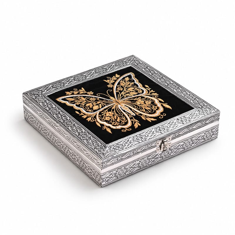 Livmore Set of 2 Silver and Golden Butterfly Embossed and Embroidery Jewelry Box
