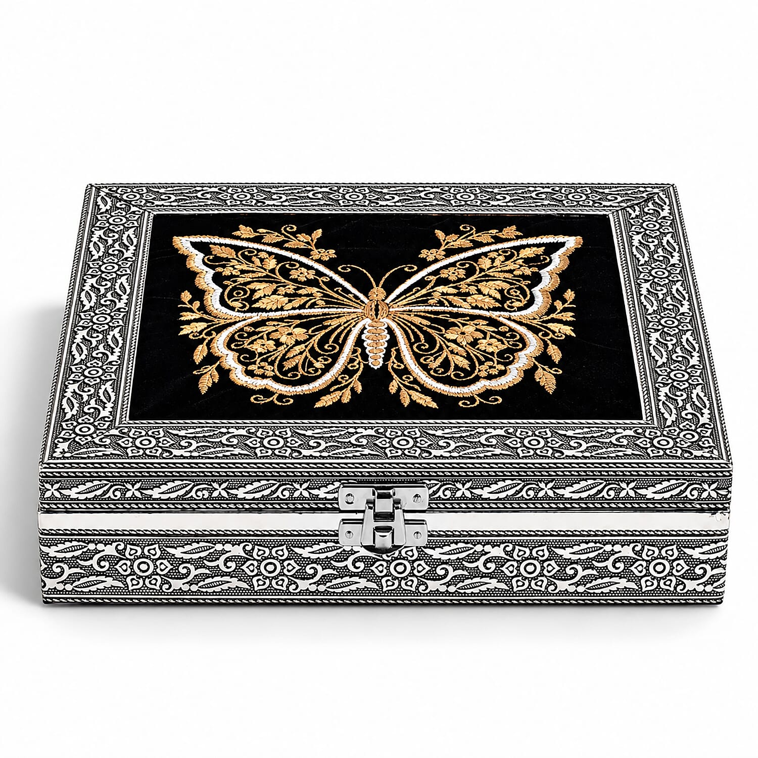 Livmore Set of 2 Silver and Golden Butterfly Embossed and Embroidery Jewelry Box
