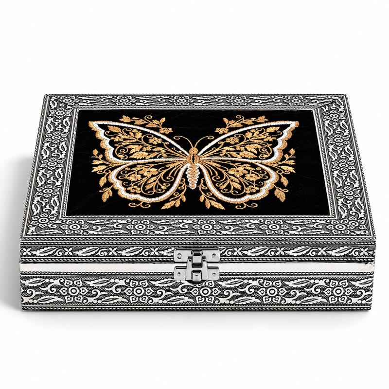 Livmore Set of 2 Silver and Golden Butterfly Embossed and Embroidery Jewelry Box