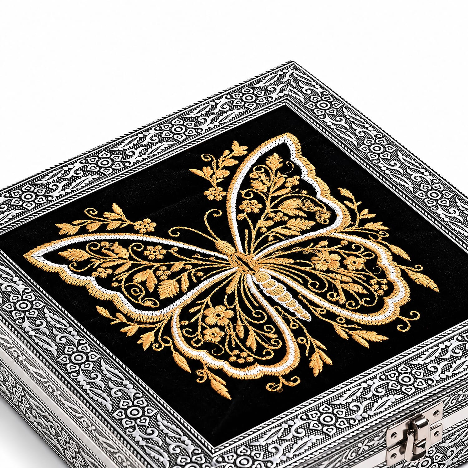 Livmore Set of 2 Silver and Golden Butterfly Embossed and Embroidery Jewelry Box