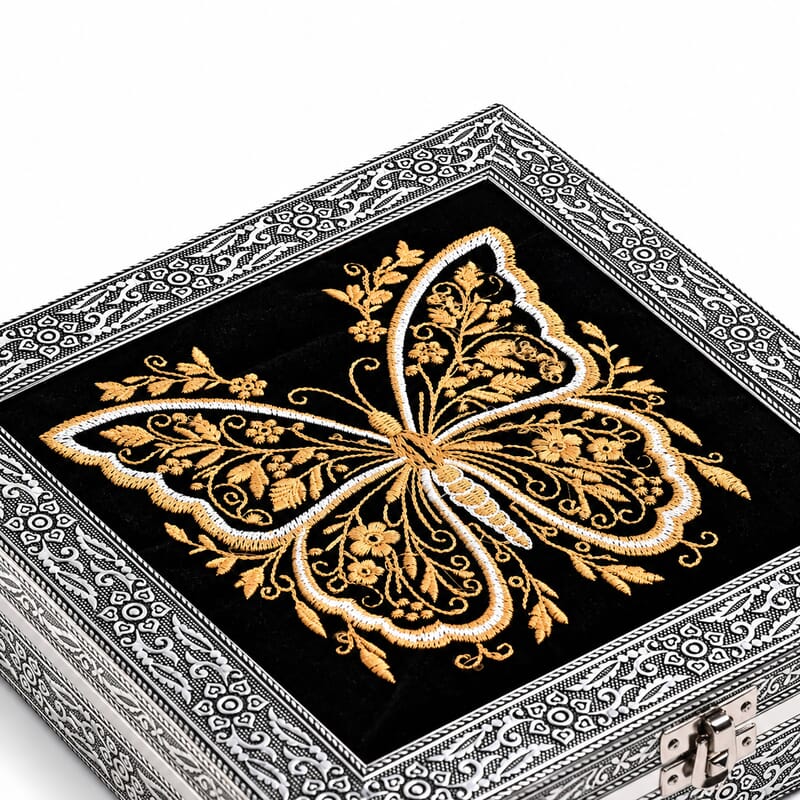 Livmore Set of 2 Silver and Golden Butterfly Embossed and Embroidery Jewelry Box