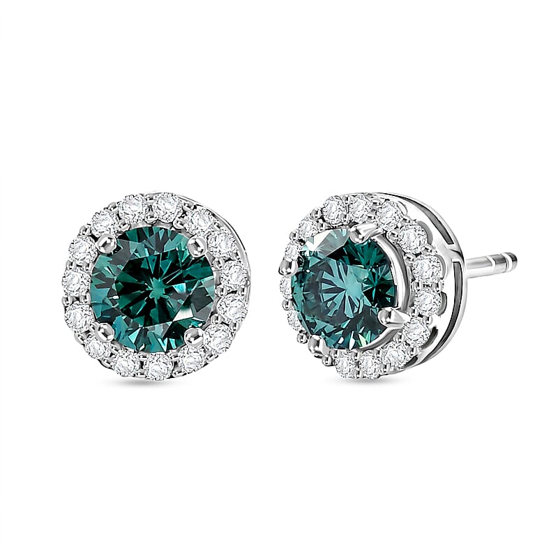 Luxuriant Lab Grown Green Diamond (IR) and Lab Grown Diamond (SI) 1.60 ctw Earrings in Rhodium Over Sterling Silver