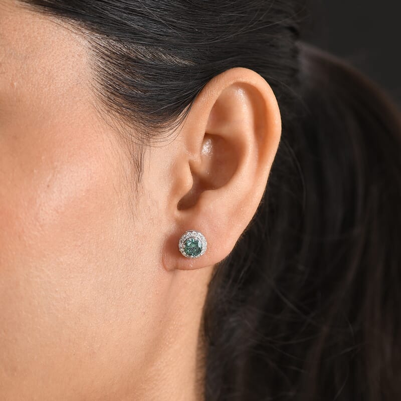Luxuriant Lab Grown Green Diamond (IR) and Lab Grown Diamond (SI) 1.60 ctw Earrings in Rhodium Over Sterling Silver