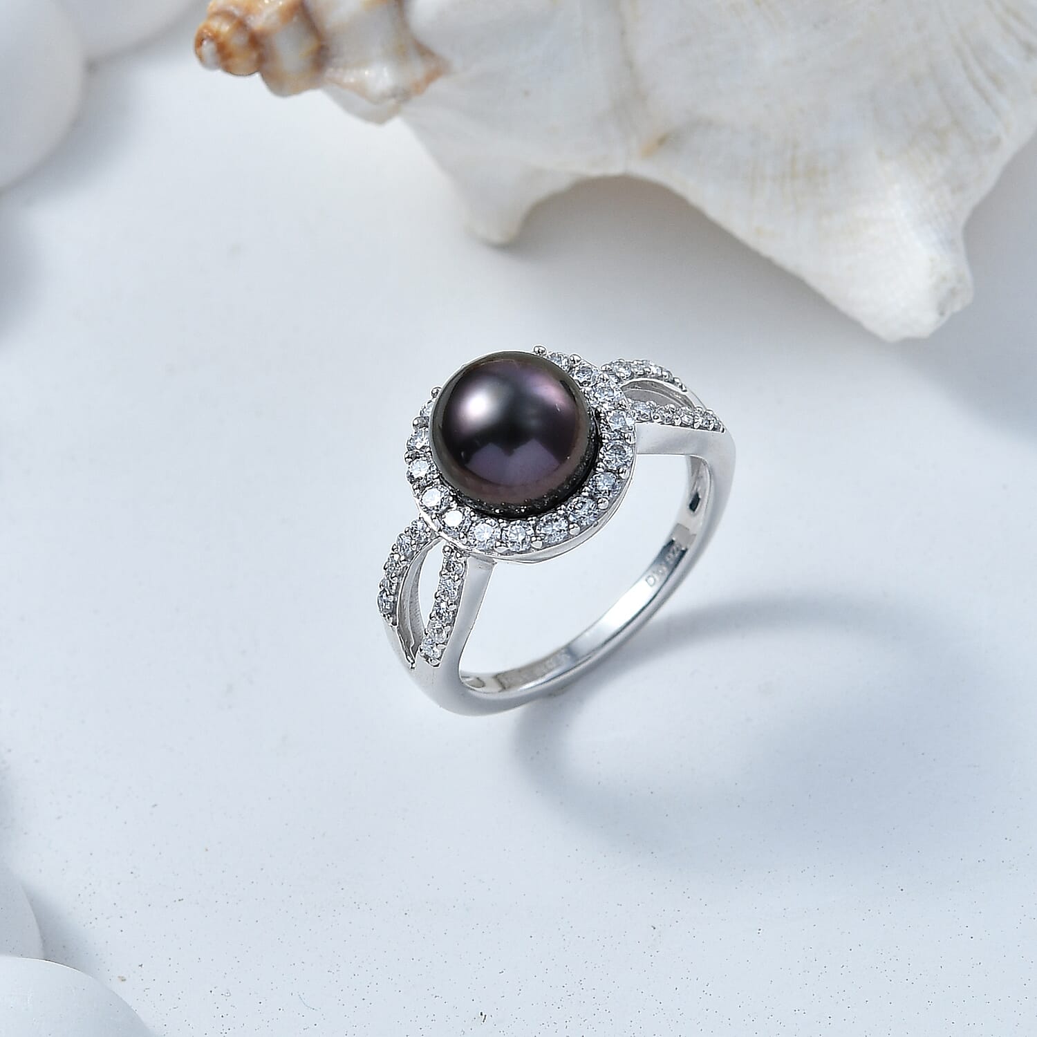 D'Joy Premium Tahitian Pearl and Moissanite 0.60 ctw Midnight Tide Halo Ring in Rhodium Over Sterling Silver (Size 10.0)