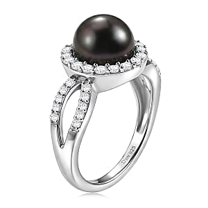 D'Joy Premium Tahitian Pearl and Moissanite 0.60 ctw Midnight Tide Halo Ring in Rhodium Over Sterling Silver (Size 10.0)