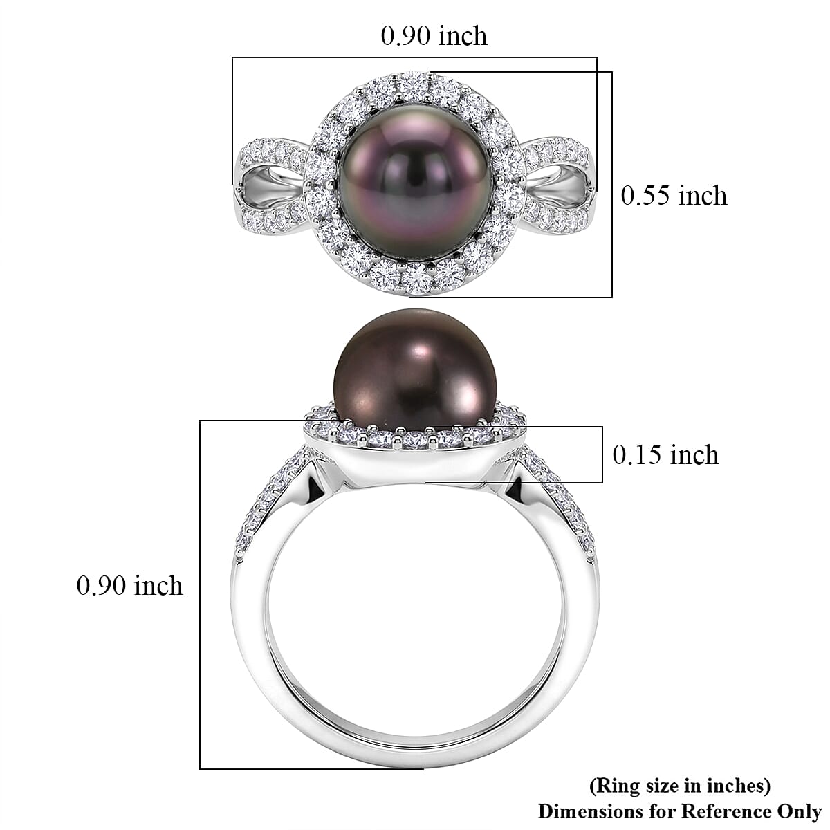 D'Joy Premium Tahitian Pearl and Moissanite 0.60 ctw Midnight Tide Halo Ring in Rhodium Over Sterling Silver (Size 10.0)