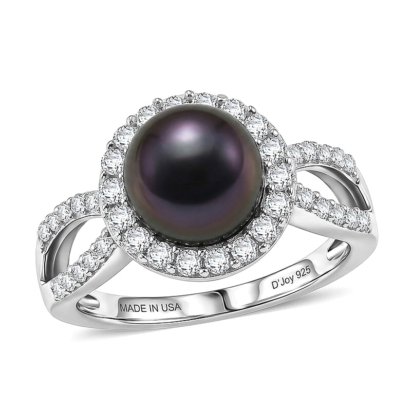 D'Joy Premium Tahitian Pearl and Moissanite 0.60 ctw Midnight Tide Halo Ring in Rhodium Over Sterling Silver (Size 6.0)