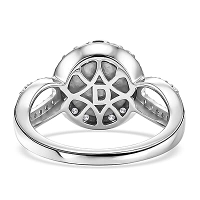 D'Joy Premium Tahitian Pearl and Moissanite 0.60 ctw Midnight Tide Halo Ring in Rhodium Over Sterling Silver (Size 6.0)