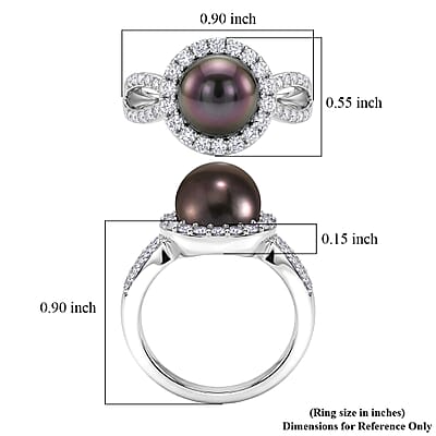 D'Joy Premium Tahitian Pearl and Moissanite 0.60 ctw Midnight Tide Halo Ring in Rhodium Over Sterling Silver (Size 6.0)