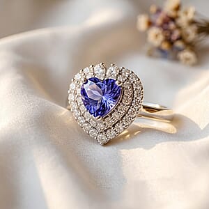 D'Joy Tanzanite and Moissanite 1.75 ctw Heart Ring in Rhodium Over Sterling Silver (Size 10.0)