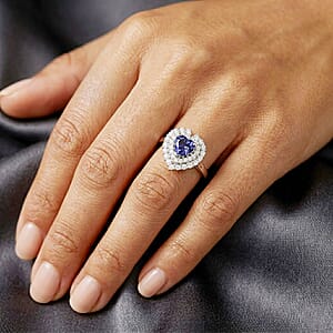D'Joy Tanzanite and Moissanite 1.75 ctw Heart Ring in Rhodium Over Sterling Silver (Size 10.0)