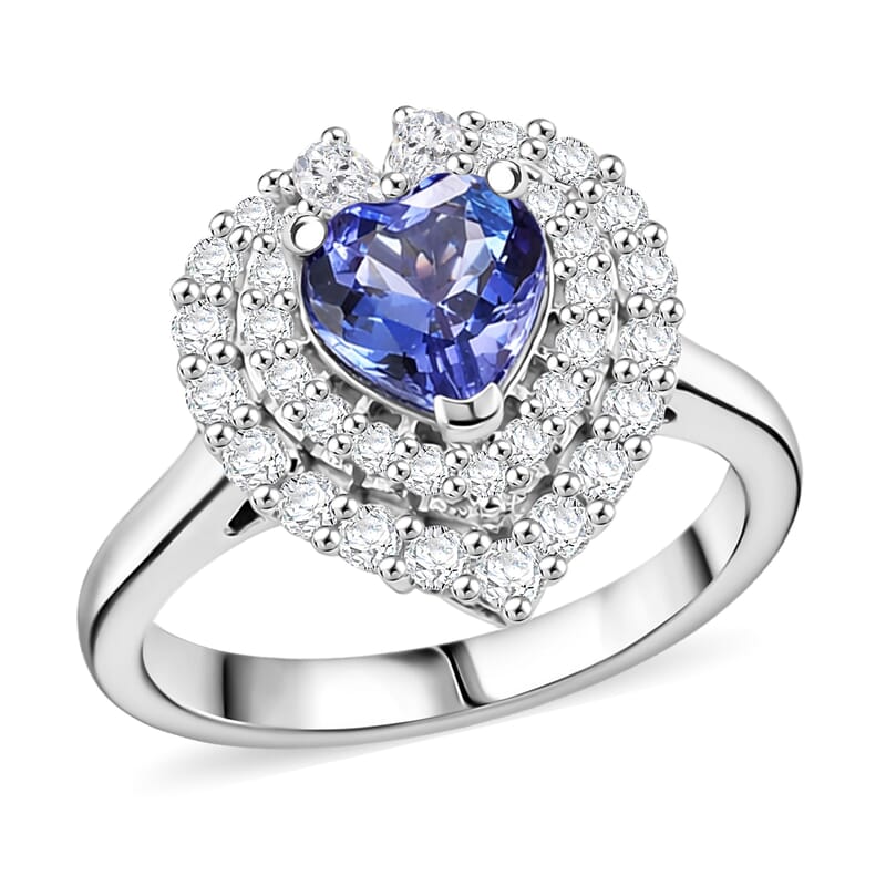 Certified & Appraised D'Joy Tanzanite and Moissanite 1.75 ctw Heart Ring in Rhodium Over Sterling Silver (Size 7.0)