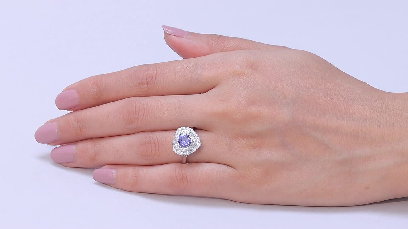 D'Joy Tanzanite and Moissanite 1.75 ctw Heart Ring in Rhodium Over Sterling Silver (Size 7.0)