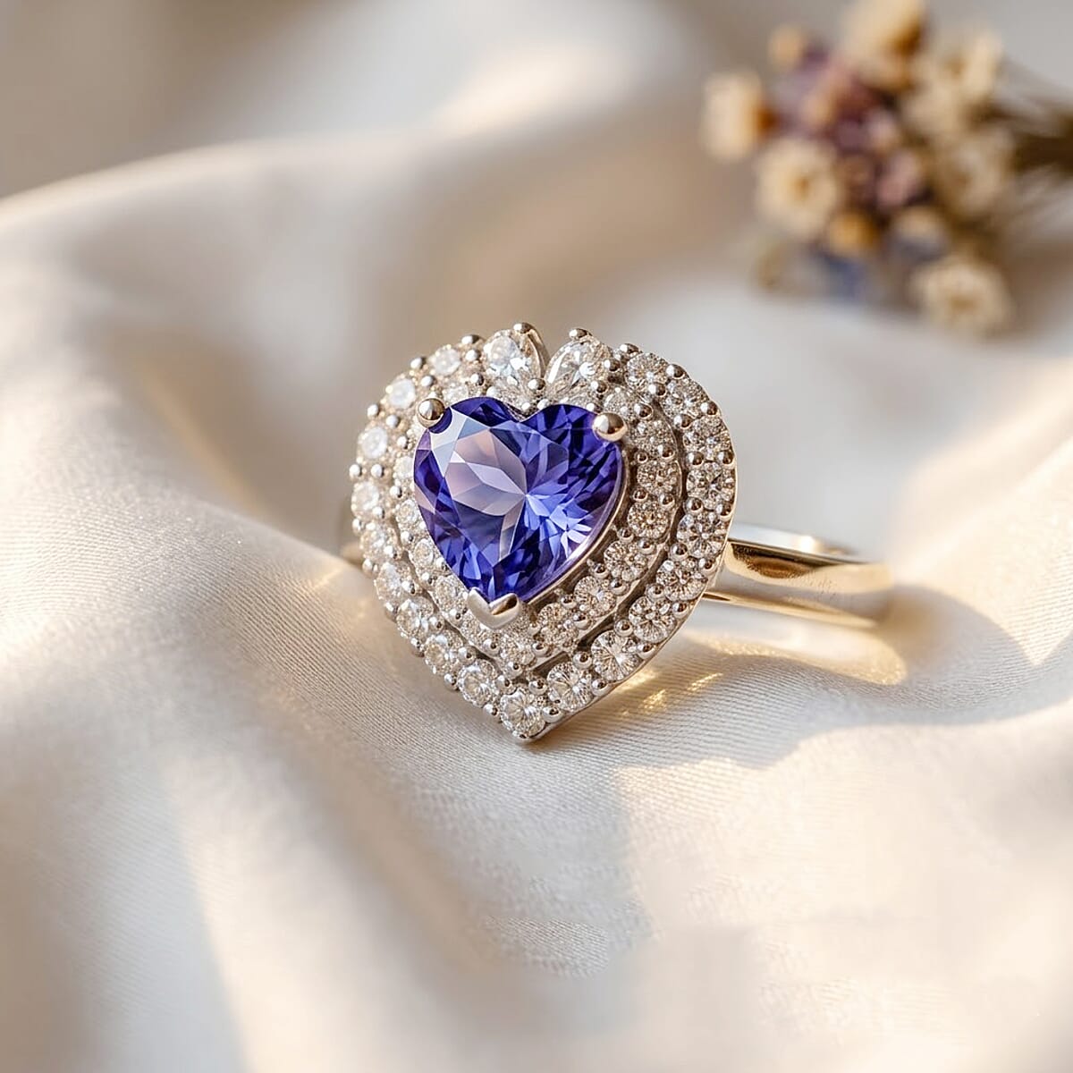 Certified & Appraised D'Joy Tanzanite and Moissanite 1.75 ctw Heart Ring in Rhodium Over Sterling Silver (Size 8.0) image number 1