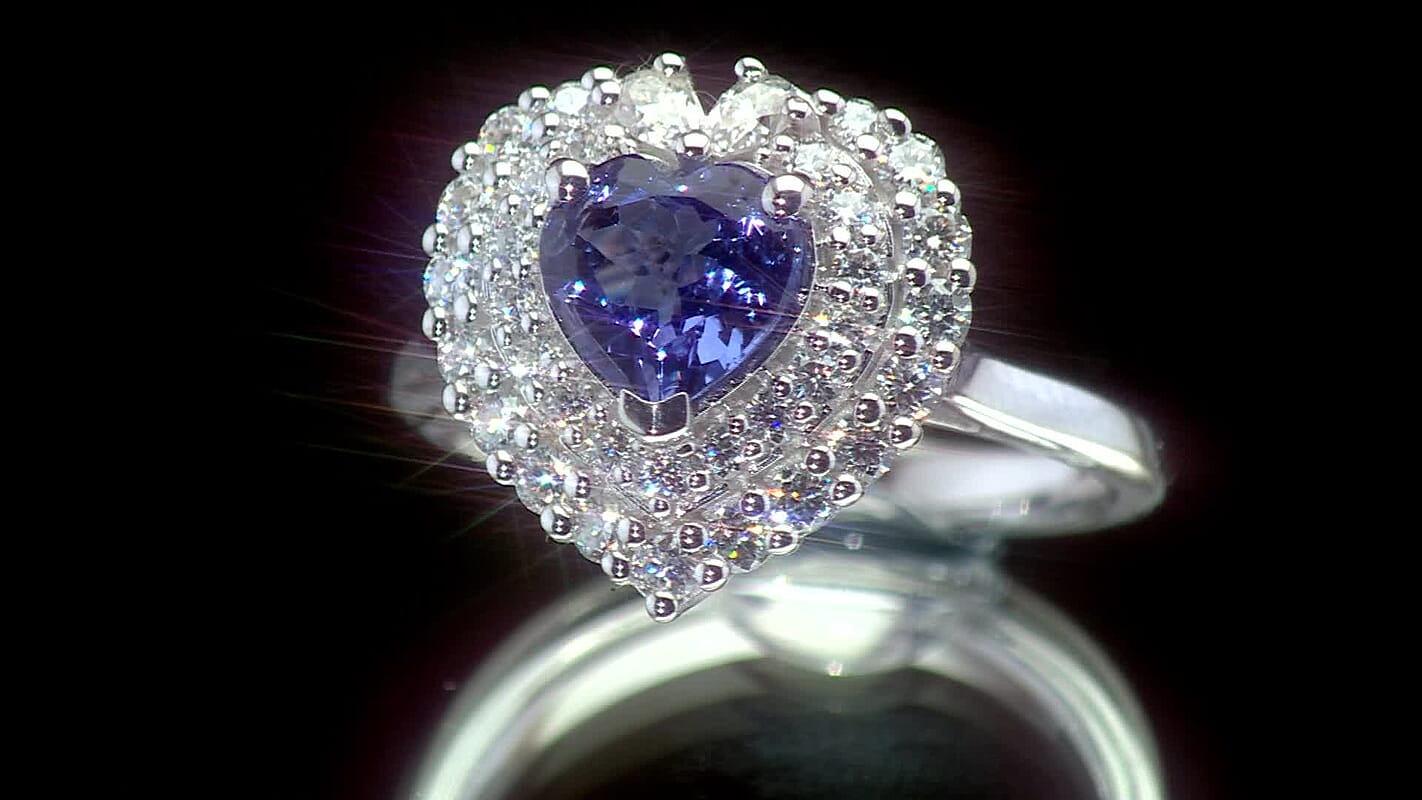 D'Joy Tanzanite and Moissanite 1.75 ctw Heart Ring in Rhodium Over Sterling Silver (Size 7.0)