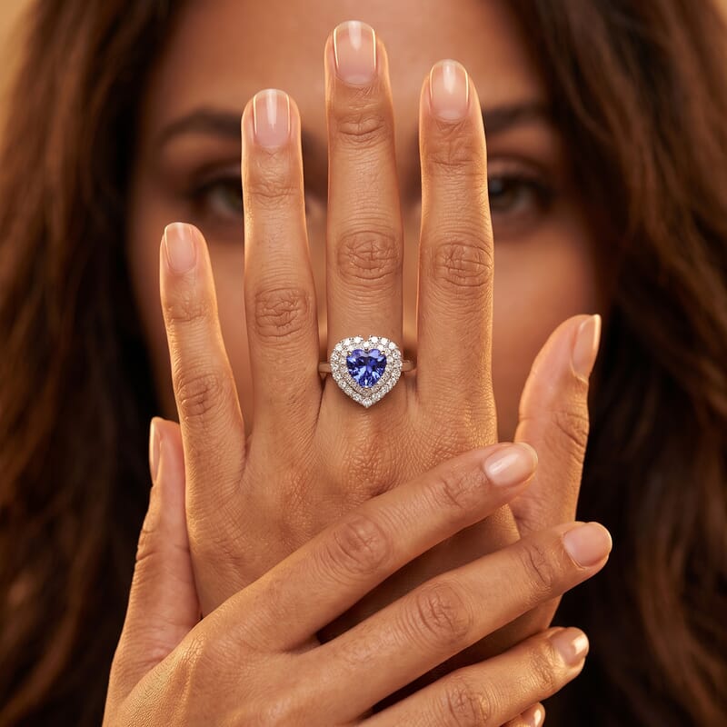 Certified & Appraised D'Joy Tanzanite and Moissanite 1.75 ctw Heart Ring in Rhodium Over Sterling Silver (Size 8.0)