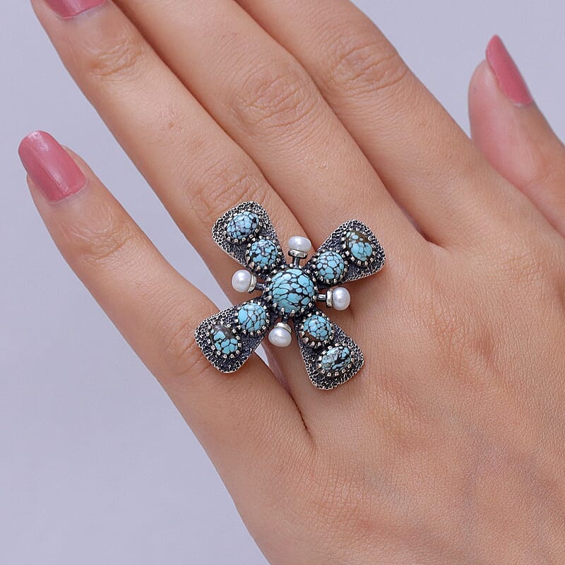 D'Joy Artisan Crafted Premium Blue Moon Turquoise 5.85 ctw and Freshwater Pearl Cross Ring in Sterling Silver (Size 10.0)