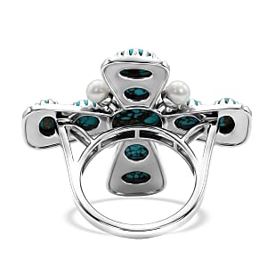 D'Joy Artisan Crafted Premium Blue Moon Turquoise 5.85 ctw and Freshwater Pearl Cross Ring in Sterling Silver (Size 10.0)