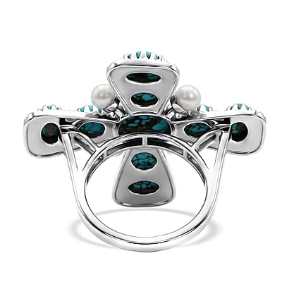 D'Joy Artisan Crafted Premium Blue Moon Turquoise 5.85 ctw and Freshwater Pearl Cross Ring in Sterling Silver (Size 10.0)