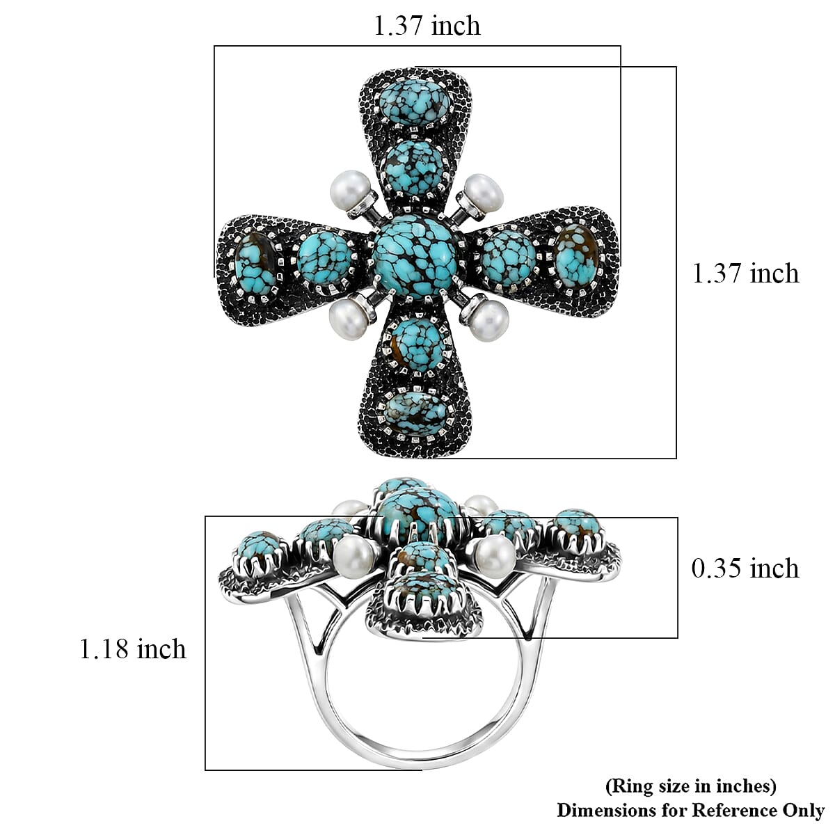 D'Joy Artisan Crafted Premium Blue Moon Turquoise 5.85 ctw and Freshwater Pearl Cross Ring in Sterling Silver (Size 10.0)