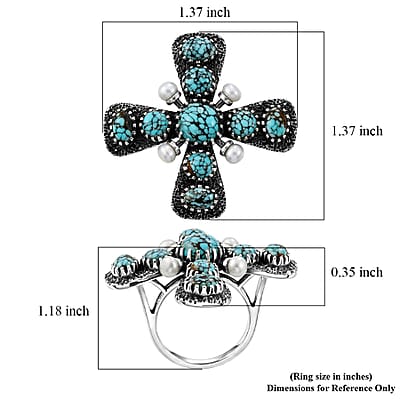 D'Joy Artisan Crafted Premium Blue Moon Turquoise 5.85 ctw and Freshwater Pearl Cross Ring in Sterling Silver (Size 10.0)