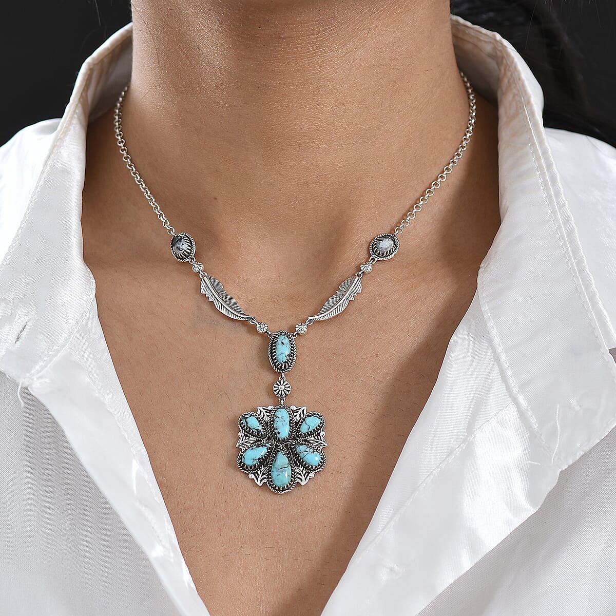 D'Joy Artisan Crafted Premium Blue Moon Turquoise and White Buffalo 9.10 ctw Feather Necklace Sterling Silver 18-20 Inches image number 2
