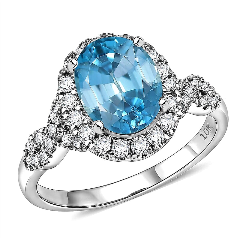 Certified and Appraised AAA Cambodian Blue Zircon and Luxuriant Lab Grown Diamond G-H SI 4.10 ctw Ring in 10K White Gold (Size 10.0)