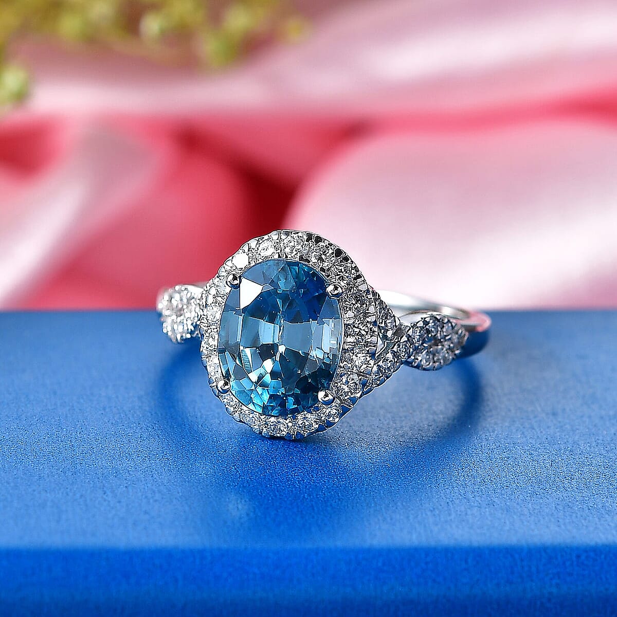 Certified and Appraised AAA Cambodian Blue Zircon and Luxuriant Lab Grown Diamond G-H SI 4.10 ctw Ring in 10K White Gold (Size 10.0) image number 1