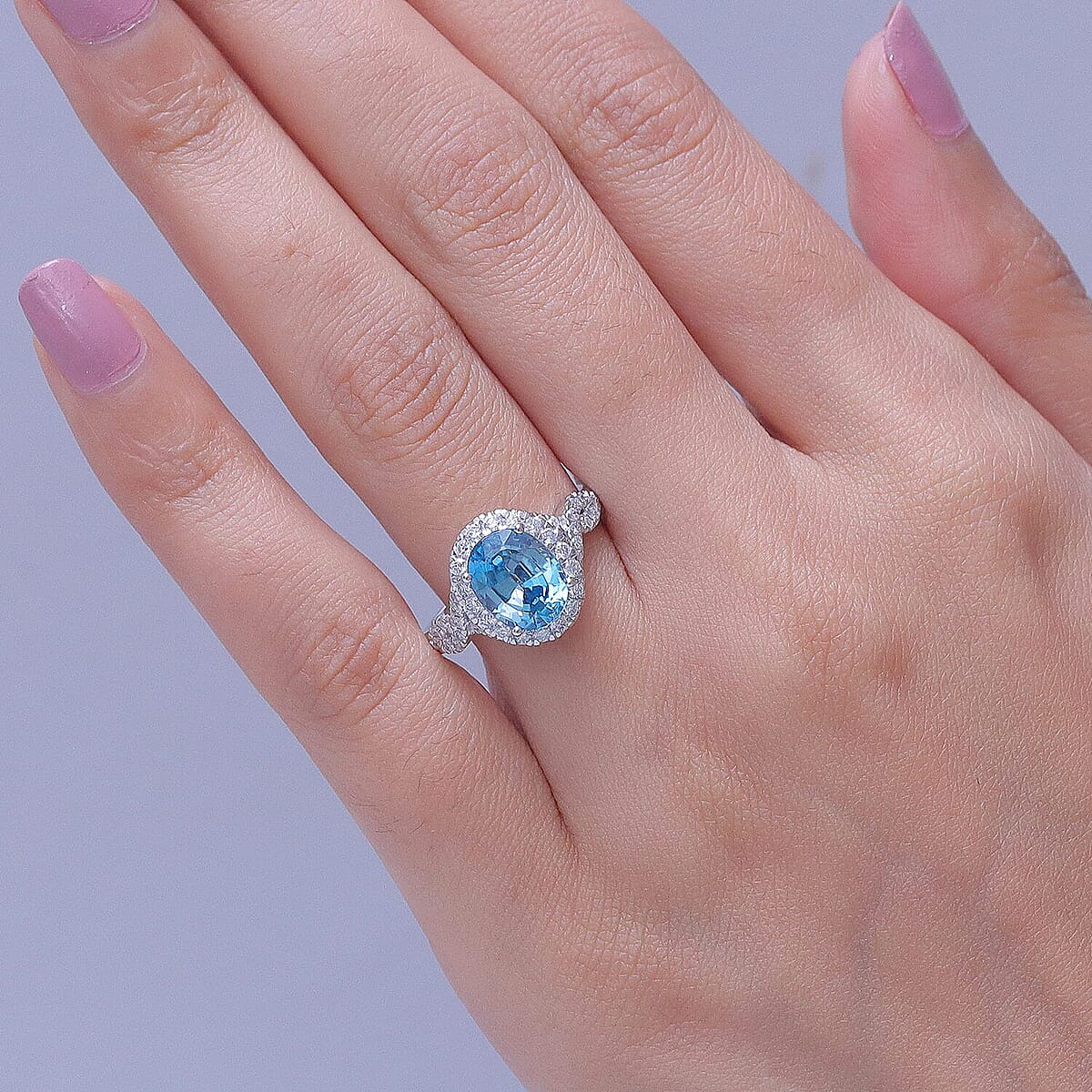 Certified and Appraised AAA Cambodian Blue Zircon and Luxuriant Lab Grown Diamond G-H SI 4.10 ctw Ring in 10K White Gold (Size 10.0) image number 2