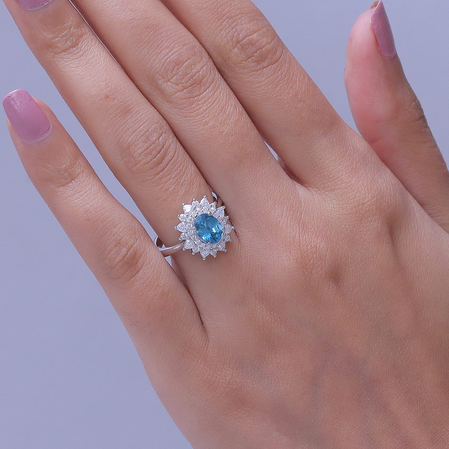 Certified & Appraised D'Joy Premium Cambodian Blue Zircon and Moissanite 3.58 ctw Ring in Rhodium Over Sterling Silver (Size 7.0) (Ships in 10-15 Days)