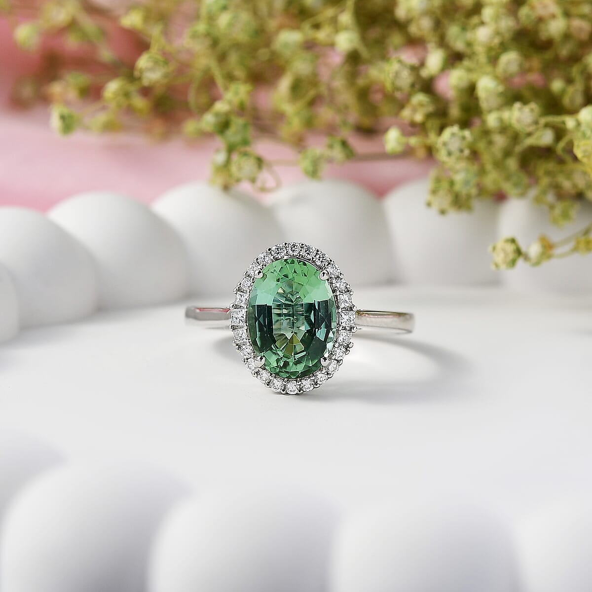 Certified & Appraised Rhapsody 950 Platinum AAAA Arquiana Mint Tourmaline, Diamond (E-F, VS) (0.28 cts) Ring (Size 10.0) (5.75 g) 3.62 ctw image number 1