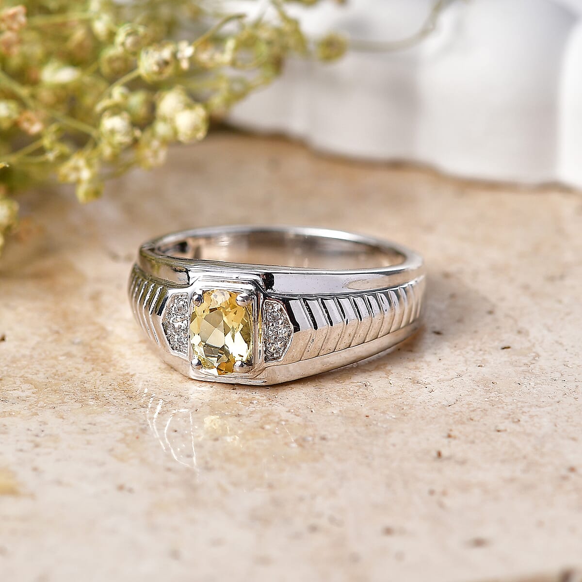 EverTrue Yellow Beryl and White Zircon 0.80 ctw Men's Ring in Platinum Bond (Size 11.0) image number 1