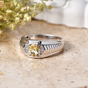 EverTrue Yellow Beryl and White Zircon 0.80 ctw Men's Ring in Platinum Bond (Size 11.0)
