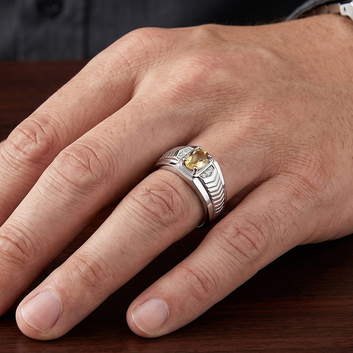 EverTrue Yellow Beryl and White Zircon 0.80 ctw Men's Ring in Platinum Bond (Size 11.0) image number 2