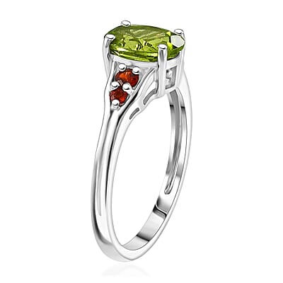 D'Joy Hebei Peridot and Mozambique Garnet 1.60 ctw Ring in Rhodium Over Sterling Silver (Size 10.0)