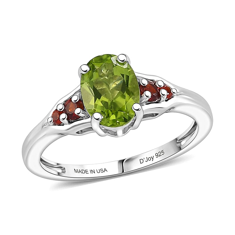 D'Joy Hebei Peridot and Mozambique Garnet 1.60 ctw Ring in Rhodium Over Sterling Silver (Size 7.0)
