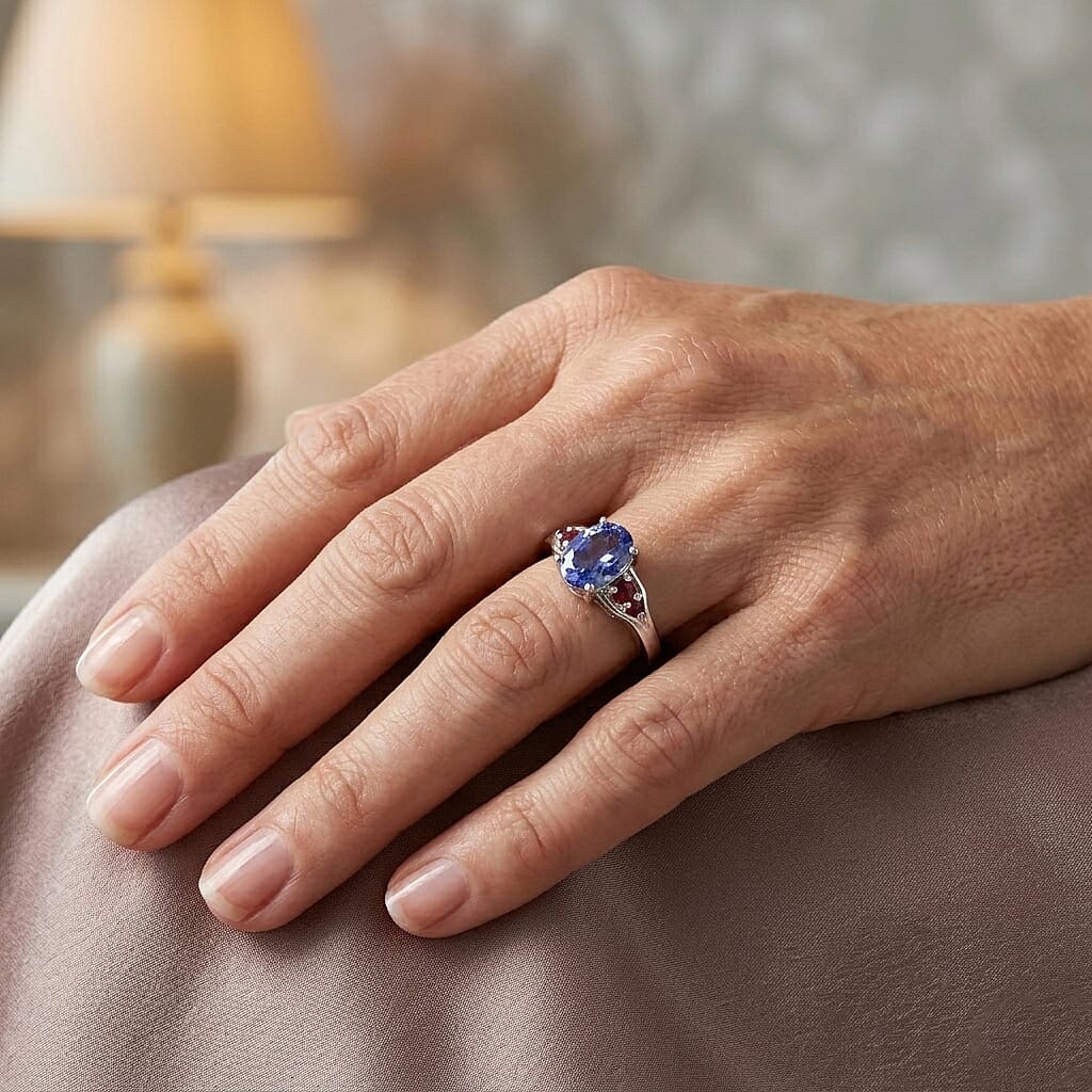 D'Joy Color Change Fluorite and Mozambique Garnet 1.75 ctw Ring in Rhodium Over Sterling Silver (Size 10.0)