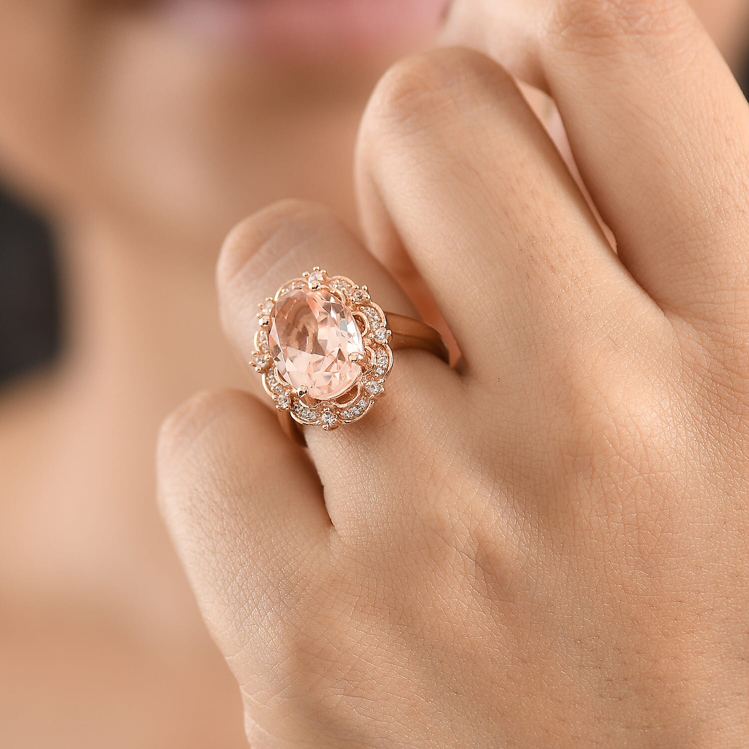 D'Joy Morganite Quartz (Triplet) and White Zircon 6.25 ctw Ring in 18K Vermeil Rose Gold Over Sterling Silver (Size  6.0)