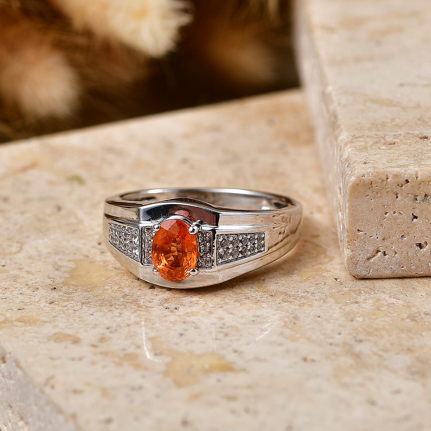 EverTrue Spessartine Garnet and White Zircon 1.50 ctw Men's Ring in Platinum Bond (Size 9.0)