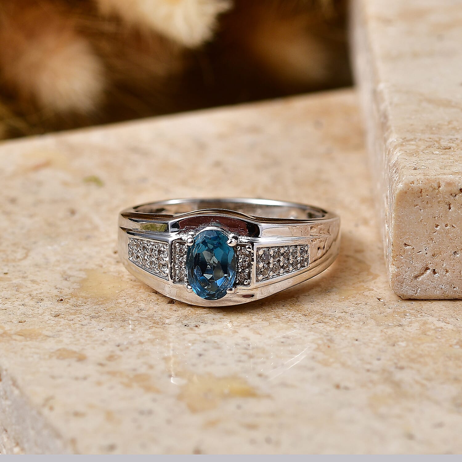 EverTrue London Blue Topaz and White Zircon 1.20 ctw Men's Ring in Platinum Bond (Size 9.0)